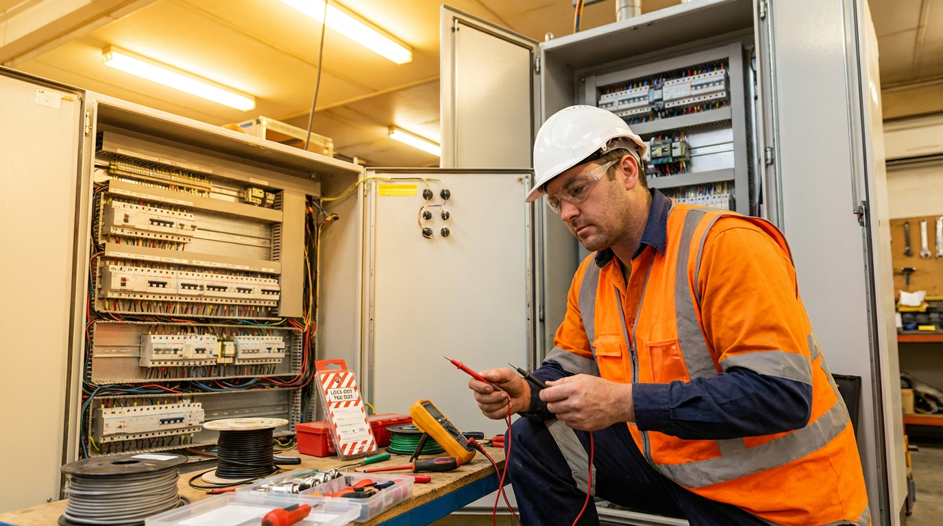 Professional electrician working on electrical panel